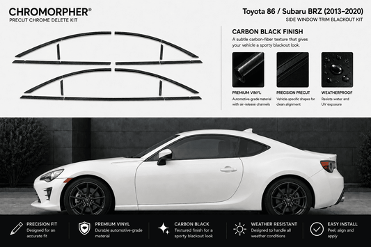 Chromorphor Precut Chrome Delete Kit for Toyota 86 / Subaru BRZ (2013-2020) in Carbon Black Finish. The top half shows the black precut window trim pieces on a white background with product features.