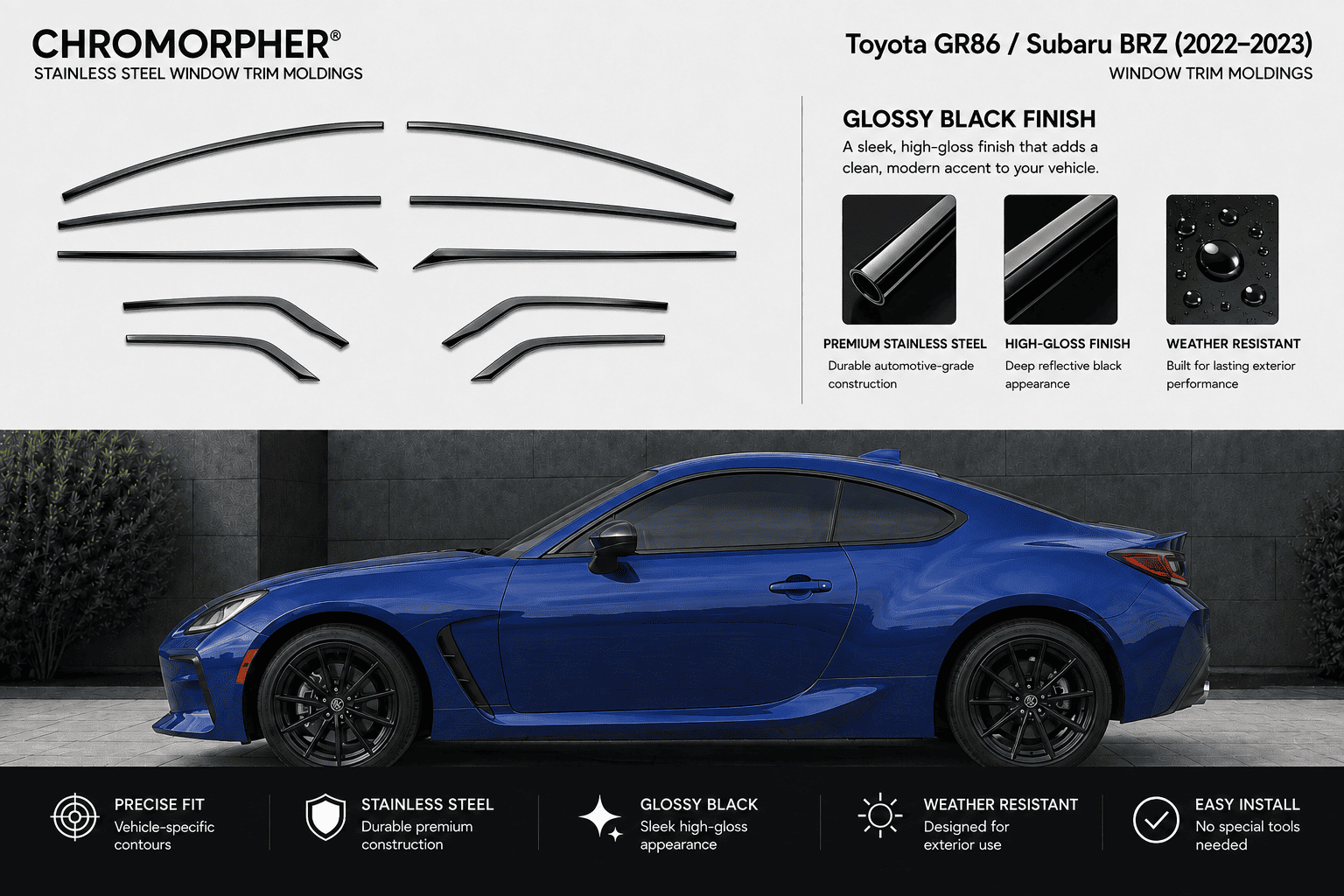 Chromorphor window trim molding set shown with a blue Toyota GR86 / Subaru BRZ car on a dark gray background, featuring product pieces, gloss black finish benefits, and feature icons.