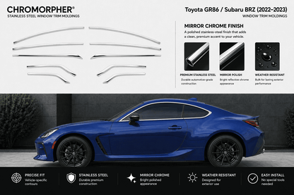 Chromorphor mirror chrome window trim molding kit for Toyota GR86 / Subaru BRZ (2022-2023), featuring multiple chrome-finished trim pieces displayed on a white background alongside a blue sports car illustration showing the installed fitment.