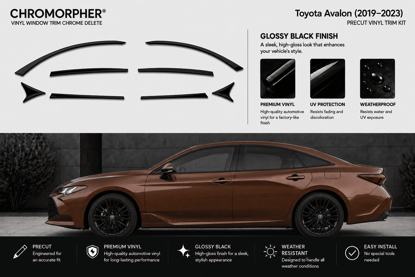 Chromorpher vinyl window trim chrome delete kit for Toyota Avalon (2017-2023), featuring black pre-cut trim pieces at the top and a brown Toyota Avalon car below demonstrating the glossy black finish effect.