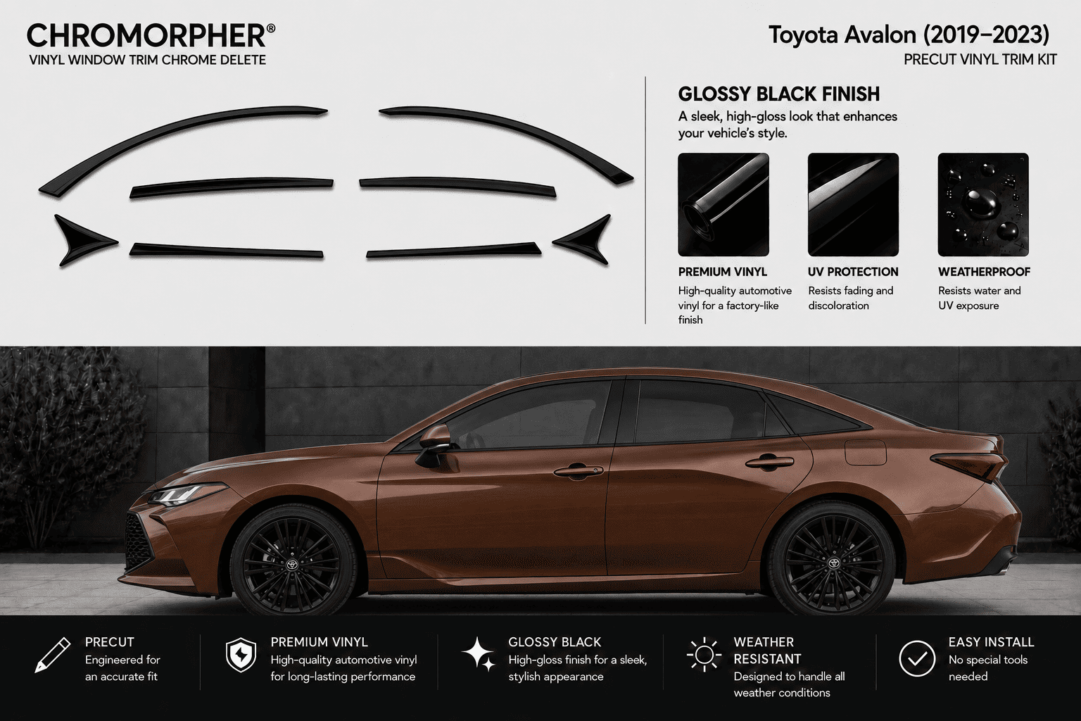 Chromorpher vinyl window trim chrome delete kit for Toyota Avalon (2017-2023), featuring black pre-cut trim pieces at the top and a brown Toyota Avalon car below demonstrating the glossy black finish effect.
