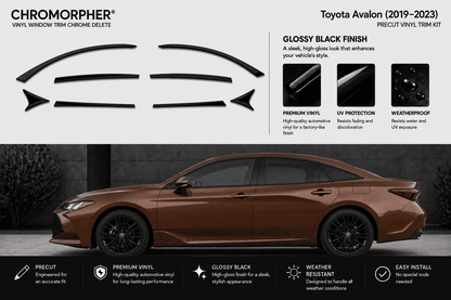 Chromorpher vinyl window trim chrome delete kit for Toyota Avalon (2017-2023), featuring black pre-cut trim pieces at the top and a brown Toyota Avalon car below demonstrating the glossy black finish effect.