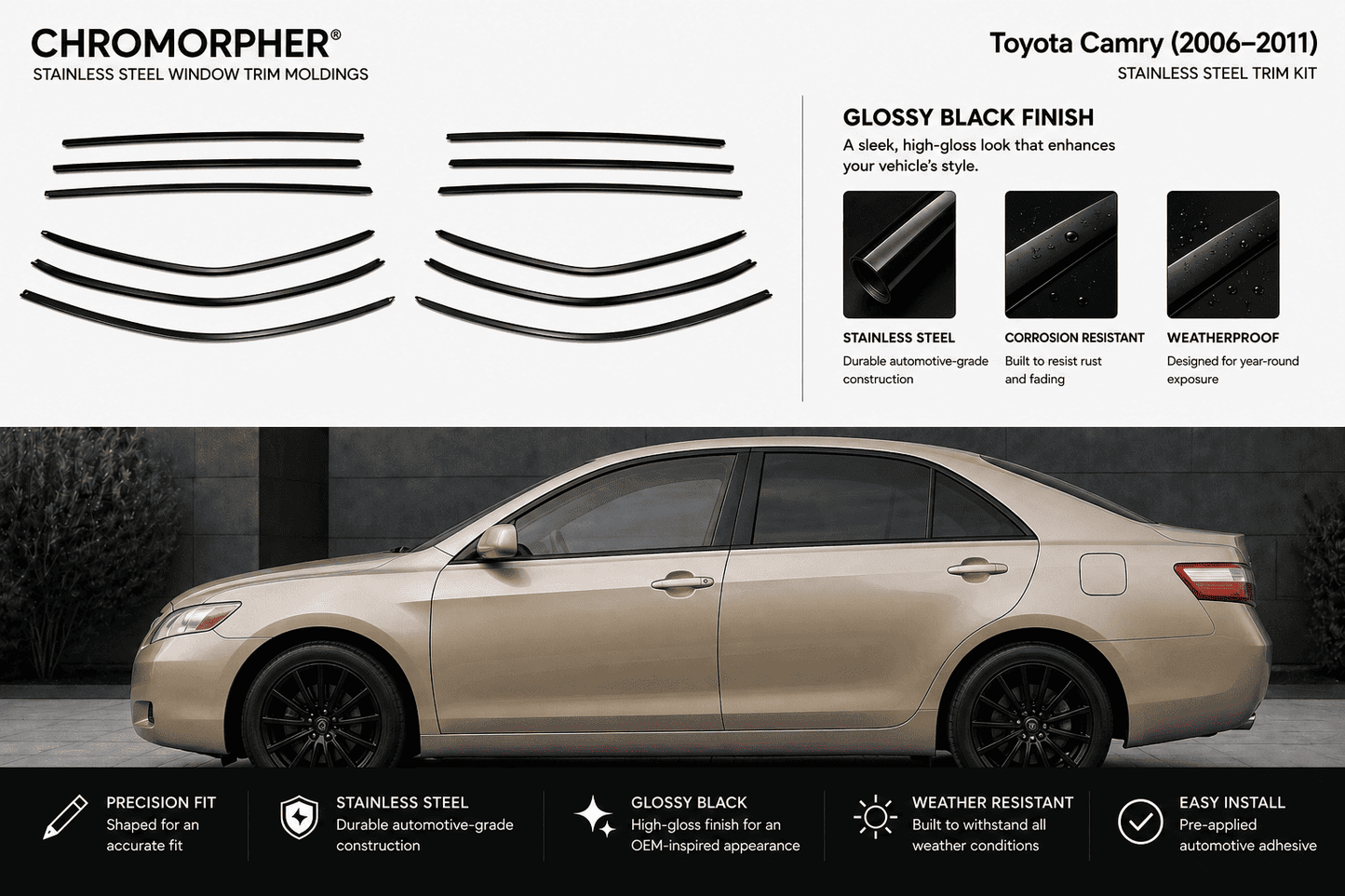 Chromorpher stainless steel window trim moldings kit for a Toyota Camry (2006-2011) shown with product pieces at the top and a side view of a beige sedan demonstrating the trim installed.