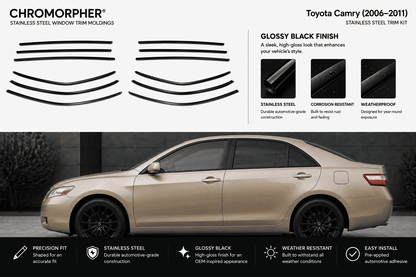Chromorpher stainless steel window trim moldings kit for a Toyota Camry (2006-2011) shown with product pieces at the top and a side view of a beige sedan demonstrating the trim installed.
