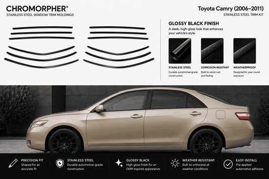Chromorpher stainless steel window trim moldings kit for a Toyota Camry (2006-2011) shown with product pieces at the top and a side view of a beige sedan demonstrating the trim installed.