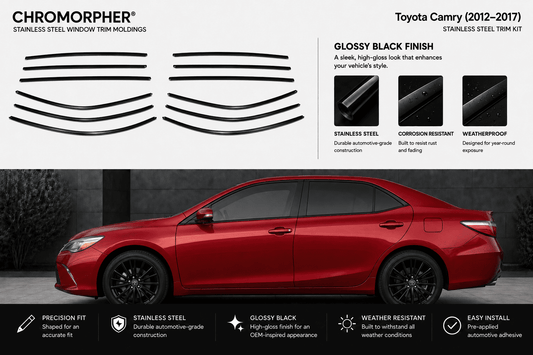 Chromorpher stainless steel window trim molding kit for a Toyota Camry 2012-2017. The top section shows the black curved trim pieces and feature callouts on a light gray background, while the bottom displays a red Toyota Camry sedan with the trim installed along the side window line.