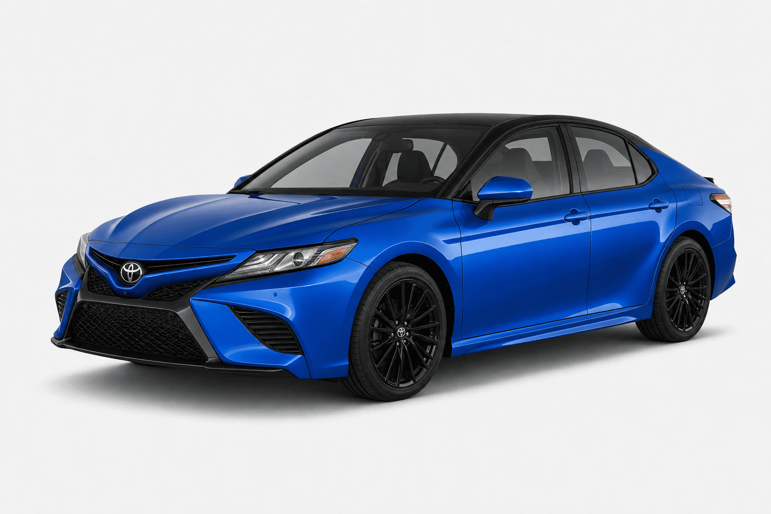 A bright blue Toyota Camry sedan with black wheels and a black roof, shown from a three-quarter front angle on a light gray studio background.