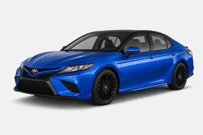 A bright blue Toyota Camry sedan with black wheels and a black roof, shown from a three-quarter front angle on a light gray studio background.