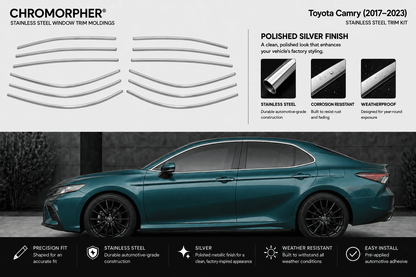Chromorpher stainless steel window trim strips shown as curved silver pieces on a light gray background, alongside feature callouts and a teal Toyota Camry sedan demonstrating the installed product.
