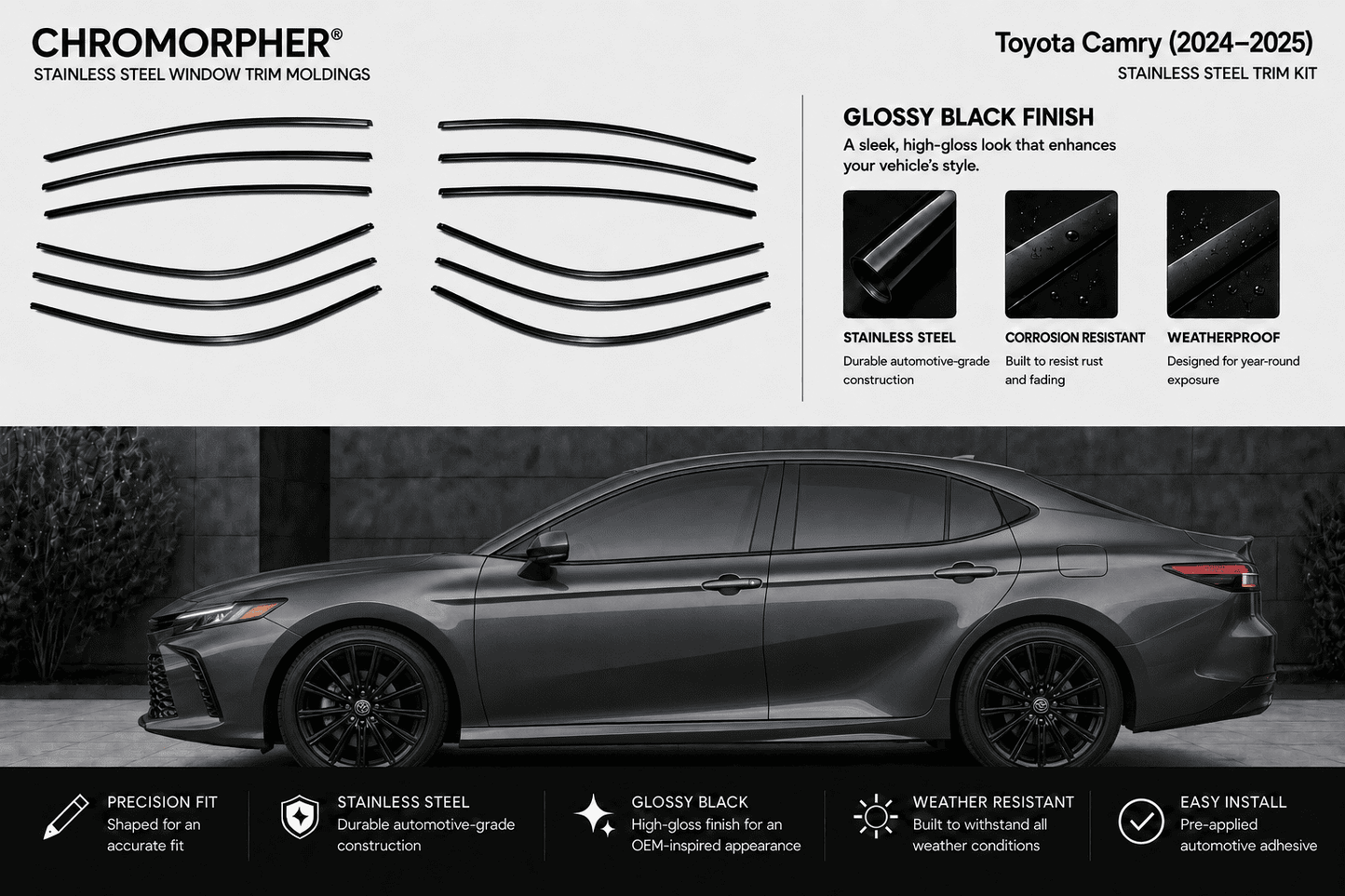 Chromorpher stainless steel window trim moldings shown as black curved strip graphics on a light gray background, with feature callouts for a glossy black finish and a large photo of a dark gray Toyota Camry sedan below demonstrating the trim installed on a car.