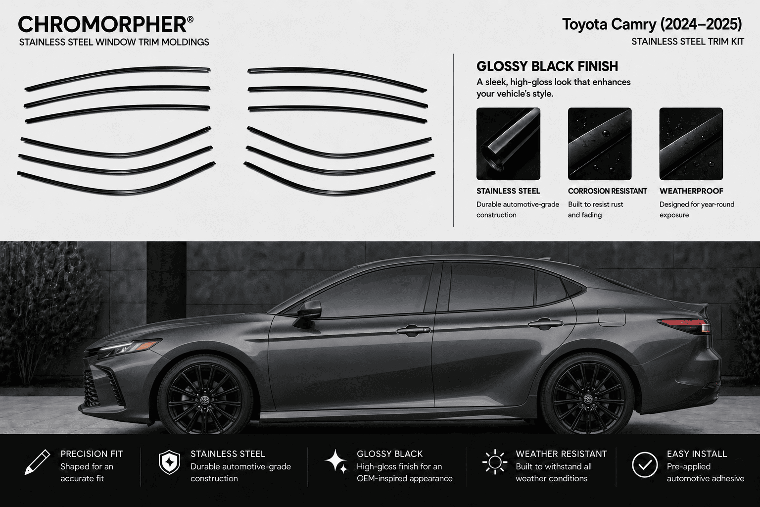 Chromorpher stainless steel window trim moldings shown as black curved strip graphics on a light gray background, with feature callouts for a glossy black finish and a large photo of a dark gray Toyota Camry sedan below demonstrating the trim installed on a car.