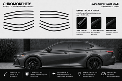 Chromorpher stainless steel window trim moldings shown as black curved strip graphics on a light gray background, with feature callouts for a glossy black finish and a large photo of a dark gray Toyota Camry sedan below demonstrating the trim installed on a car.