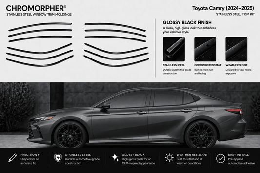 Chromorpher stainless steel window trim moldings shown as black curved strip graphics on a light gray background, with feature callouts for a glossy black finish and a large photo of a dark gray Toyota Camry sedan below demonstrating the trim installed on a car.