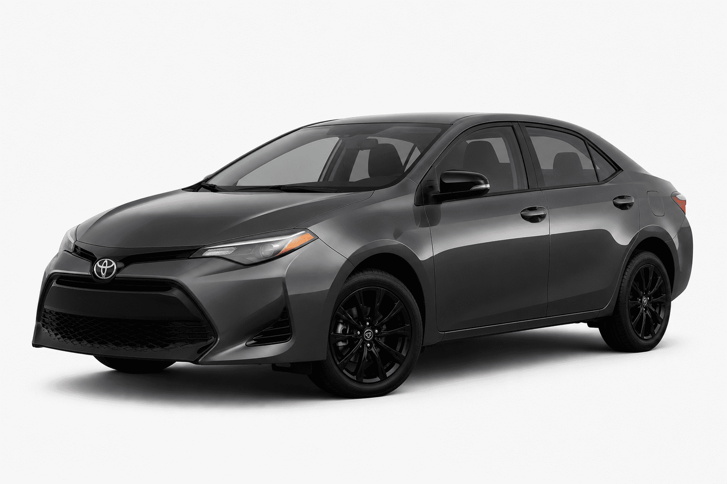 A dark gray Toyota Corolla sedan with black wheels, shown from a three-quarter front angle on a light gray studio background.