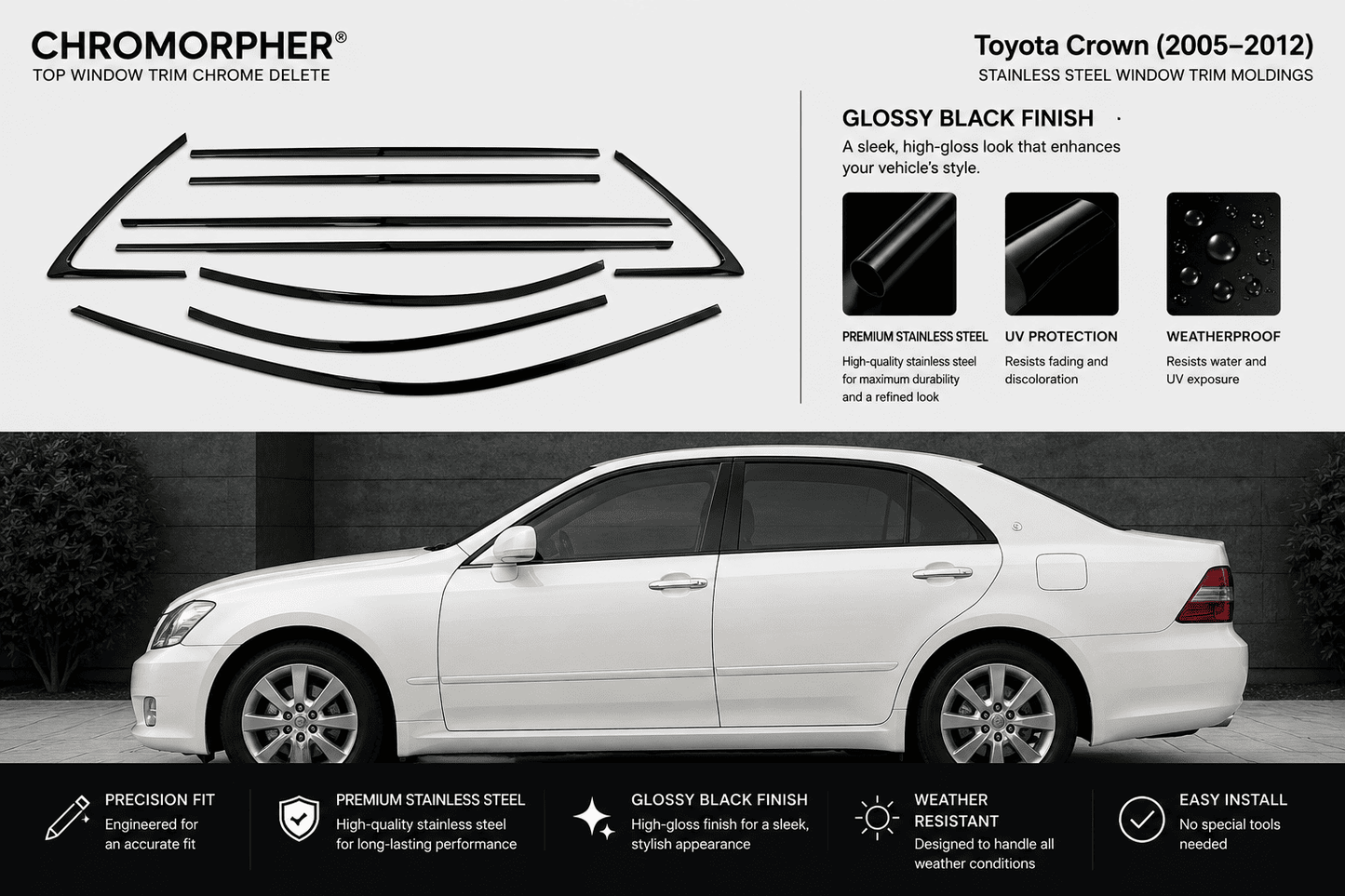 Chromorphore Toyota Crown top window trim chrome delete kit for 2005-2012 models, featuring a gloss black finish stainless steel window trim moldings and a white sedan demonstrating the installed product.