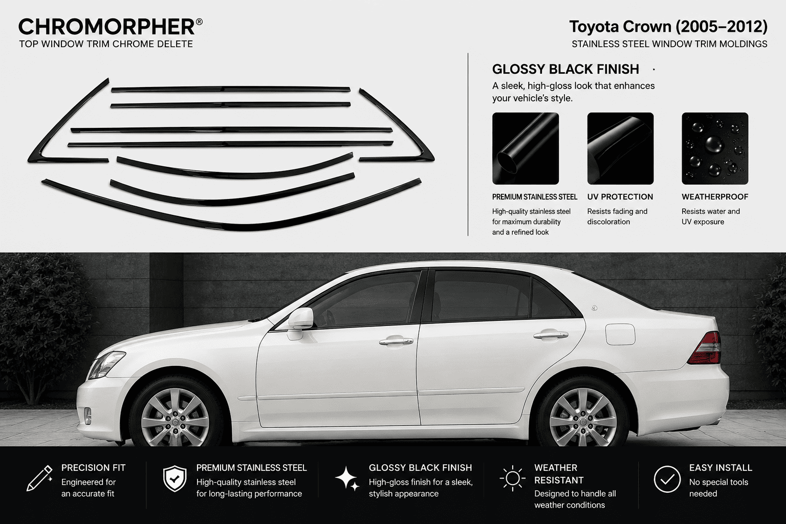 Chromorphore Toyota Crown top window trim chrome delete kit for 2005-2012 models, featuring a gloss black finish stainless steel window trim moldings and a white sedan demonstrating the installed product.