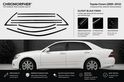 Chromorphore Toyota Crown top window trim chrome delete kit for 2005-2012 models, featuring a gloss black finish stainless steel window trim moldings and a white sedan demonstrating the installed product.