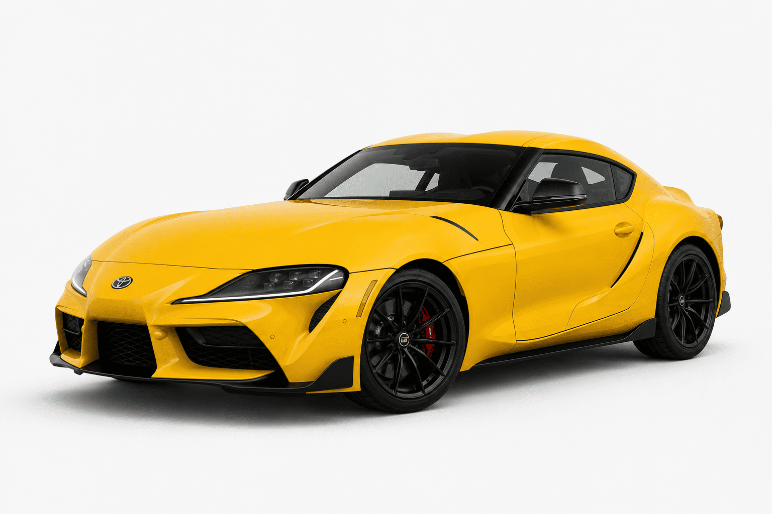 A bright yellow Toyota Supra sports car with black wheels and red brake calipers, photographed on a clean white studio background.