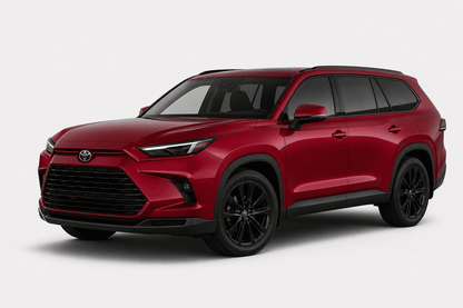 A red Toyota Highlander SUV with black wheels and trim, photographed from a three-quarter front angle on a light gray studio background.