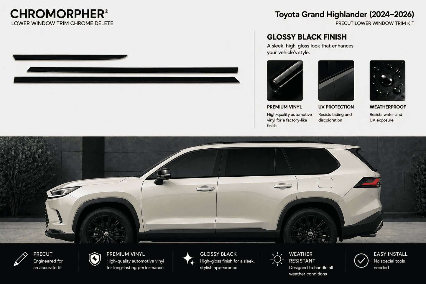 Chromorpher Lower Window Trim Chrome Delete kit for Toyota Grand Highlander (2024-2026) in glossy black finish. The top section shows three long black vinyl strip pieces and feature callouts, while the bottom displays a side view of a white SUV with the black trim applied to the window line.