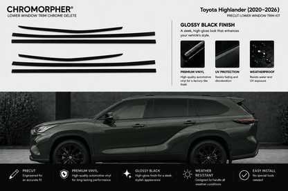 Chromorpher Lower Window Trim Chrome Delete kit for Toyota Highlander (2020-2026) in glossy black finish, shown with four black trim pieces on a white background above a dark gray SUV.