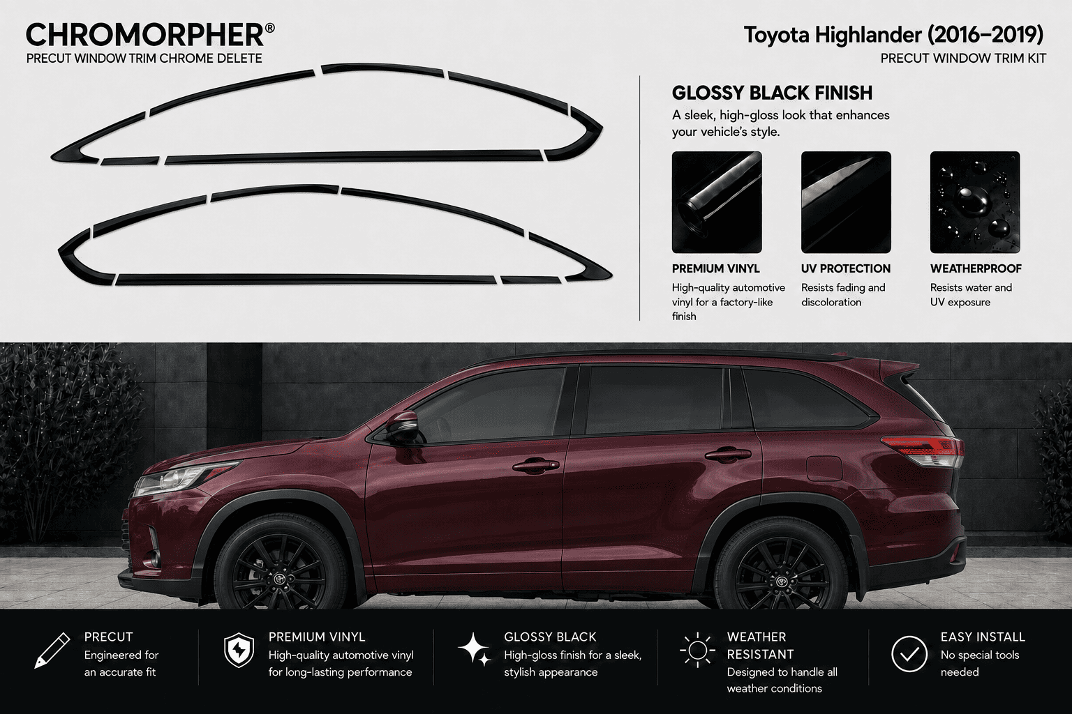 Chromorpher Precut Window Trim Chrome Delete kit for a Toyota Highlander (2016-2019) in glossy black finish, shown with the black trim pieces on a light gray background and a maroon SUV below demonstrating the installed effect.
