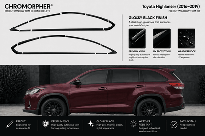 Chromorpher Precut Window Trim Chrome Delete kit for a Toyota Highlander (2016-2019) in glossy black finish, shown with the black trim pieces on a light gray background and a maroon SUV below demonstrating the installed effect.