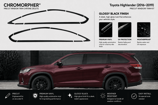 Chromorpher Precut Window Trim Chrome Delete kit for a Toyota Highlander (2016-2019) in glossy black finish, shown with the black trim pieces on a light gray background and a maroon SUV below demonstrating the installed effect.