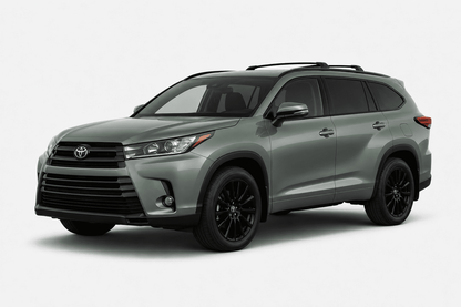 A silver-gray Toyota Highlander SUV with black wheels and roof rails, shown from a three-quarter front angle on a light gray studio background.