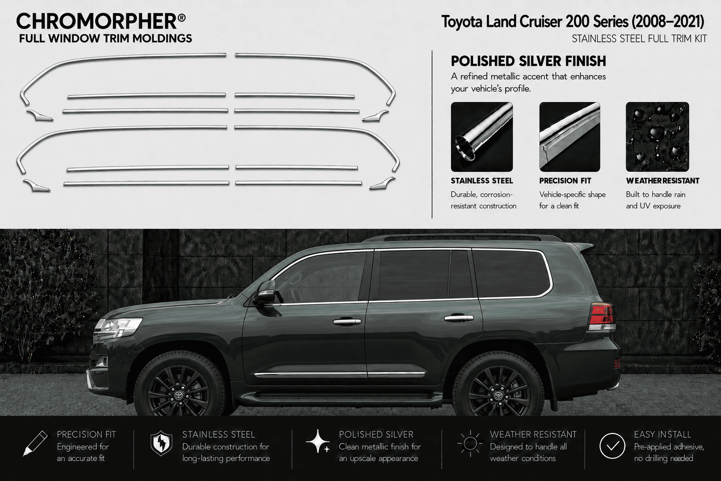 Chromorphor full window trim moldings kit for a Toyota Land Cruiser 200 Series (2008-2021), featuring a black vehicle with the silver chrome window trim pieces shown above on a light gray background with product details and installation benefits.