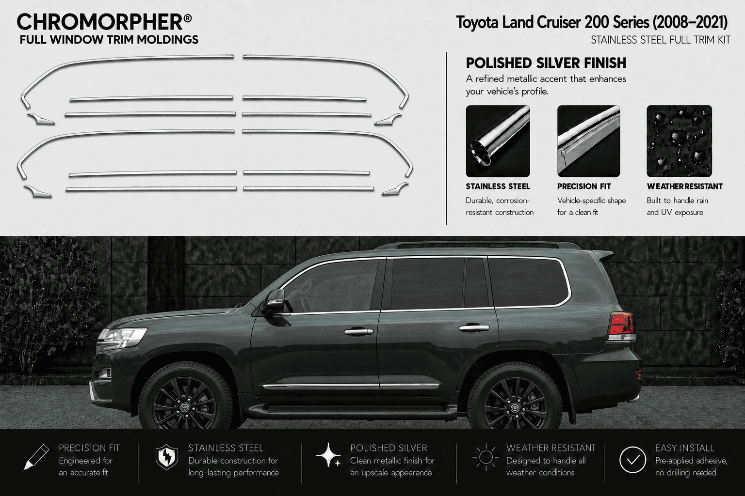 Chromorphor full window trim moldings kit for a Toyota Land Cruiser 200 Series (2008-2021), featuring a black vehicle with the silver chrome window trim pieces shown above on a light gray background with product details and installation benefits.