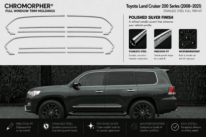 Chromorphor full window trim moldings kit for a Toyota Land Cruiser 200 Series (2008-2021), featuring a black vehicle with the silver chrome window trim pieces shown above on a light gray background with product details and installation benefits.