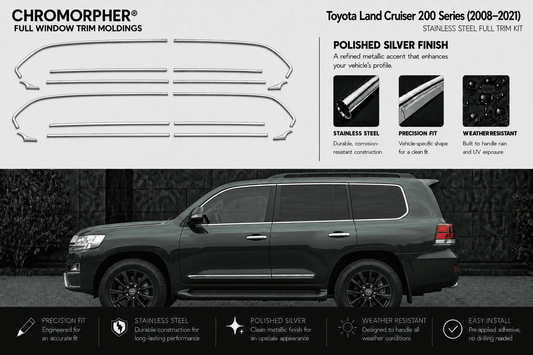 Chromorphor full window trim moldings kit for a Toyota Land Cruiser 200 Series (2008-2021), featuring a black vehicle with the silver chrome window trim pieces shown above on a light gray background with product details and installation benefits.
