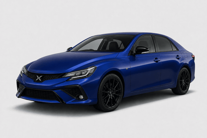A blue sedan with black wheels and a black front grille, shown from a three-quarter angle on a light gray studio background. The front grille features a prominent chrome 'X' emblem.