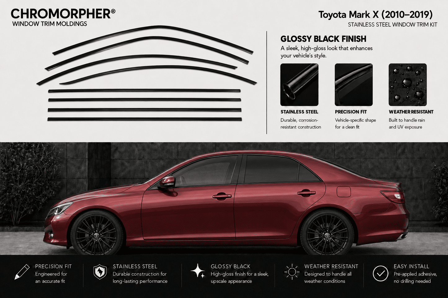 Chromorpher window trim moldings kit for Toyota Mark X (2010-2019) in glossy black finish. The top half shows the black curved strip designs and product features, while the bottom half shows a red sedan with the black trim strips applied to the side window line.
