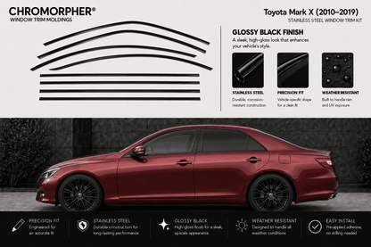 Chromorpher window trim moldings kit for Toyota Mark X (2010-2019) in glossy black finish. The top half shows the black curved strip designs and product features, while the bottom half shows a red sedan with the black trim strips applied to the side window line.