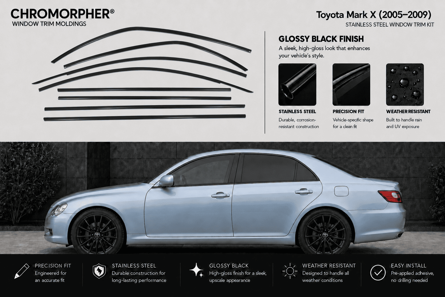 Chromorpher window trim moldings for Toyota Mark X (2005-2009) in glossy black finish, shown with black curved strip graphics and a silver side view of a sedan on a dark background.