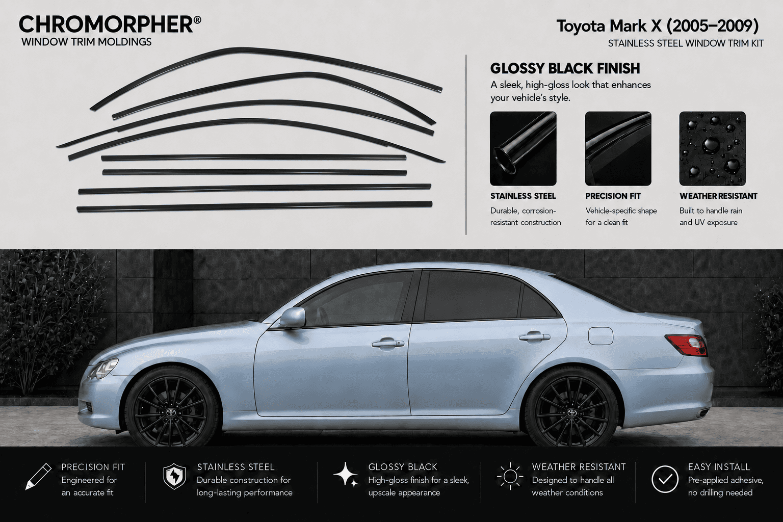 Chromorpher window trim moldings for Toyota Mark X (2005-2009) in glossy black finish, shown with black curved strip graphics and a silver side view of a sedan on a dark background.