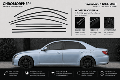 Chromorpher window trim moldings for Toyota Mark X (2005-2009) in glossy black finish, shown with black curved strip graphics and a silver side view of a sedan on a dark background.