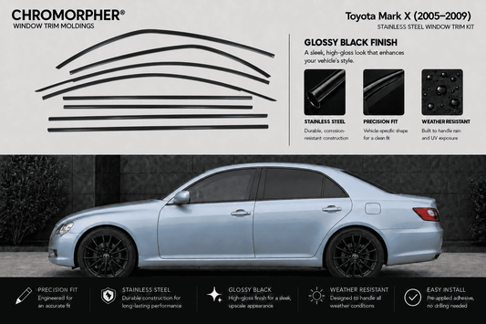 Chromorpher window trim moldings for Toyota Mark X (2005-2009) in glossy black finish, shown with black curved strip graphics and a silver side view of a sedan on a dark background.