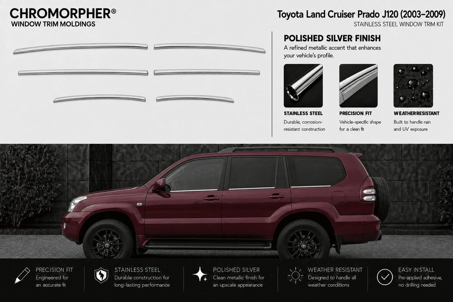 Chromorpher window trim molds for a Toyota Land Cruiser Prado J120 (2003-2009) in polished silver stainless steel. The top half shows the trim pieces and product features, while the bottom half shows a maroon SUV with the installed silver trim.