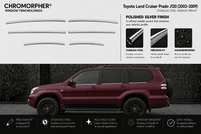 Chromorpher window trim molds for a Toyota Land Cruiser Prado J120 (2003-2009) in polished silver stainless steel. The top half shows the trim pieces and product features, while the bottom half shows a maroon SUV with the installed silver trim.