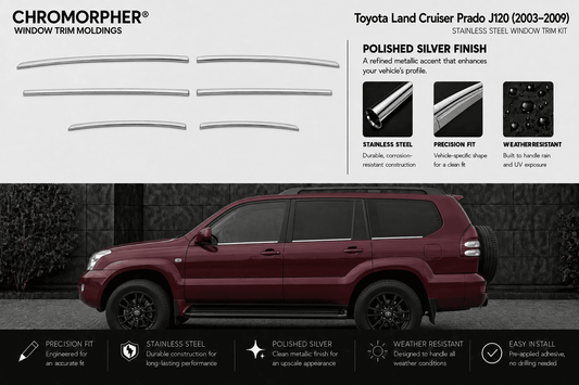 Chromorpher window trim molds for a Toyota Land Cruiser Prado J120 (2003-2009) in polished silver stainless steel. The top half shows the trim pieces and product features, while the bottom half shows a maroon SUV with the installed silver trim.