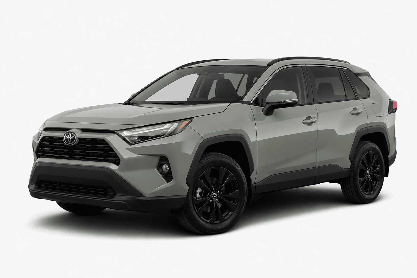A silver Toyota RAV4 SUV with black wheels, black grille, and black trim, photographed from a three-quarter front angle on a light gray background.