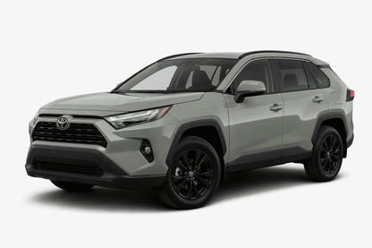 A silver Toyota RAV4 SUV with black wheels, black grille, and black trim, photographed from a three-quarter front angle on a light gray background.