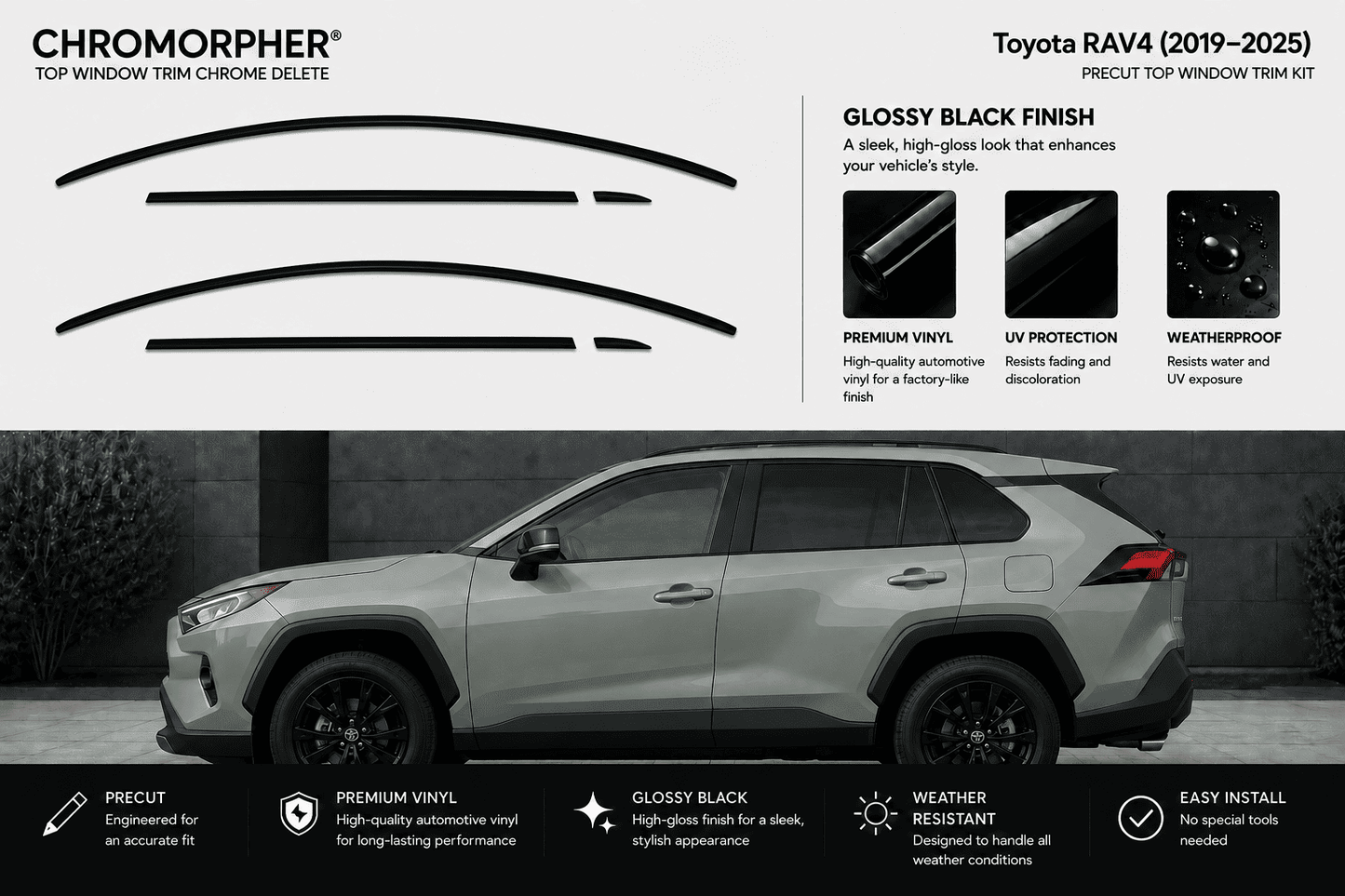 Chromorpher Top Window Trim Chrome Delete kit for Toyota RAV4 (2019-2025) in glossy black finish. The graphic shows the three curved chrome trim pieces on the top left, product features on the upper right, and a silver Toyota RAV4 SUV on a dark gray background at the bottom illustrating the installed look.