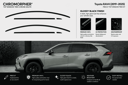 Chromorpher Top Window Trim Chrome Delete kit for Toyota RAV4 (2019-2025) in glossy black finish. The graphic shows the three curved chrome trim pieces on the top left, product features on the upper right, and a silver Toyota RAV4 SUV on a dark gray background at the bottom illustrating the installed look.