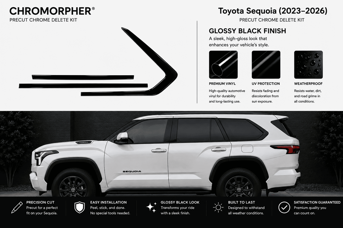 Chromorpher Precut Chrome Delete Kit for a 2023-2026 Toyota Sequoia in glossy black finish. The top half shows the black chevron-shaped chrome delete graphics and feature callouts.