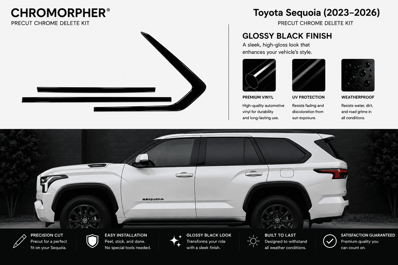Chromorpher Precut Chrome Delete Kit for a 2023-2026 Toyota Sequoia in glossy black finish. The top half shows the black chevron-shaped chrome delete graphics and feature callouts.