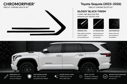 Chromorpher Precut Chrome Delete Kit for a 2023-2026 Toyota Sequoia in glossy black finish. The top half shows the black chevron-shaped chrome delete graphics and feature callouts.